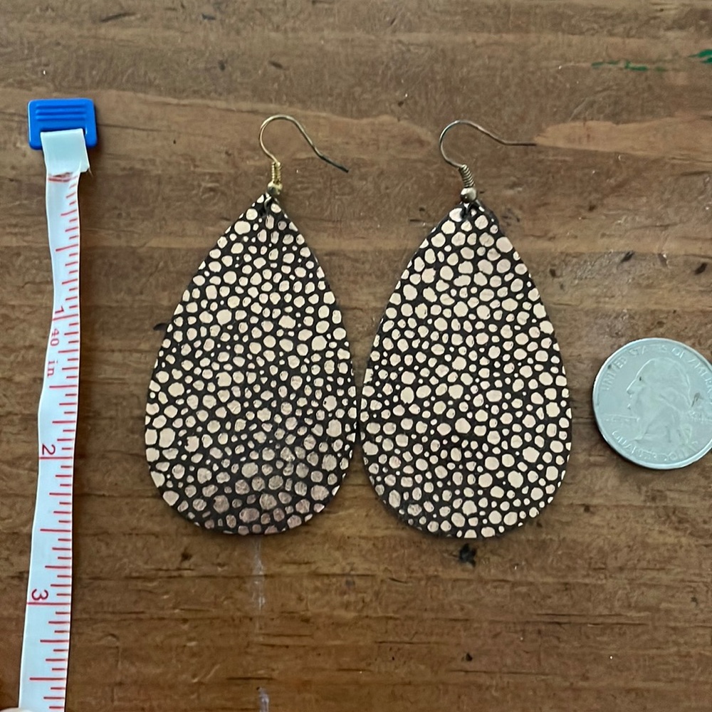 Brown Rose Gold Dotted Leather Teardrop Earrings